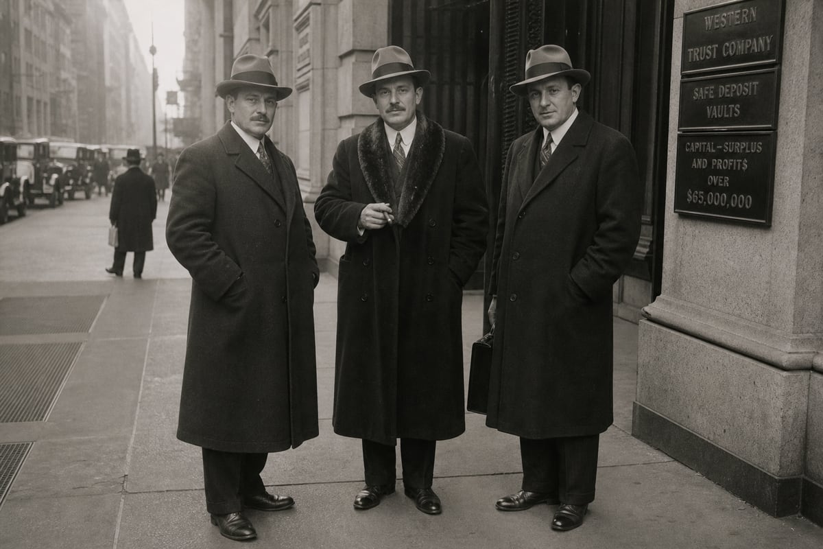 Three men in overcoats and fedoras outside the Western Trust Company on a New York street, 1933.